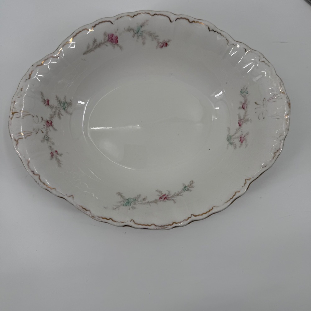 Dresden Semi-Porcelain Oval Serving Bowl Floral Pink Green Scalloped Gold Trim